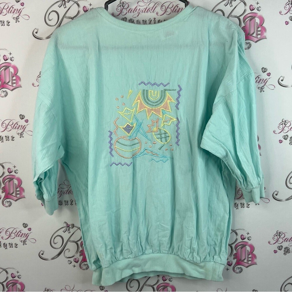 Alia shirt vintage summer theme pineapple sun ☀️ ocean buttons Aqua Graphic Tee